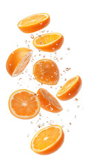 Fresh orange slices splashing in water isolated on transparent background