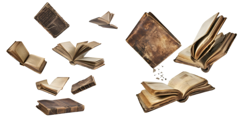Old hardcover books flying isolated on a white background. Generative AI.