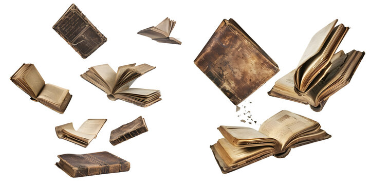 Old hardcover books flying isolated on a white background. Generative AI.