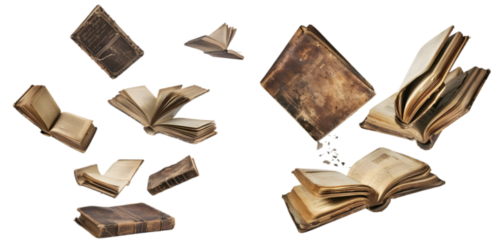 Old hardcover books flying isolated on a white background. Generative AI.