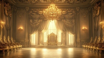 Obraz premium A lavish 3D scene of an opulent throne room, adorned with intricate gold detailing, velvet curtains, and a glowing golden chandelier casting a warm light across the space.