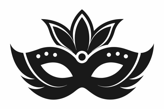 Carnival mask icon black silhouette isolated on white background. Mask with feathers pictogram. Vector illustration