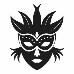 Carnival mask icon black silhouette isolated on white background. Mask with feathers pictogram. Vector illustration