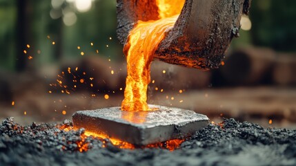 Molten metal is being poured into a square mold with sparks flying, capturing the raw heat and energy of the metal casting process in a dynamic industrial scene.