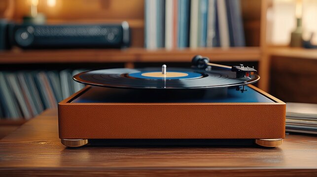 Spinning vinyl record player cozy room music content warm environment close-up view nostalgic vibe