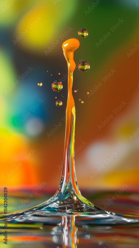 Poster orange waterdrop splashing on colorful surface creating a thin column