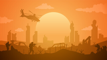 Naklejka premium Landscape illustration of destroyed city in war with military conflict