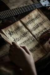 Naklejka premium Aged sheet music, hands, acoustic guitar, wooden surface.