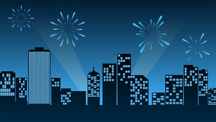 Naklejka premium Cityscape illustration of new year event with fireworks over skyline