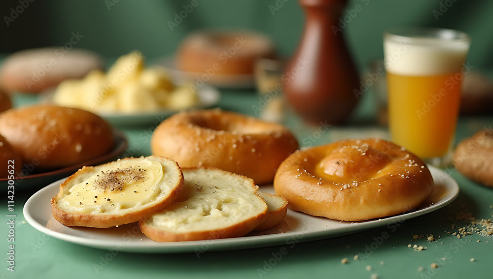 Poster breakfast food or bakery items arranged on a blurred green tablecloth with a few ingredients and emp