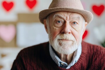 Older man in a hat sits in a decorated room with heart shapes for a special occasion