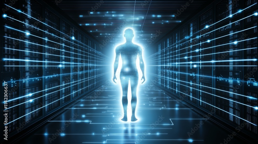 Poster digital human in server room network data ai technology