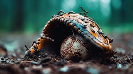 Obraz premium A worn baseball glove cradling a scuffed baseball lies on the earthy ground, symbolizing nostalgia, history, and the passage of time in the sport's world.