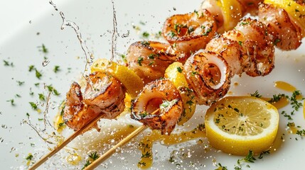 Grilled shrimp skewers splashing lemon juice culinary delight home kitchen close-up view