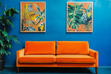 Un canapé orange vif en velours est placé contre un mur bleu électrique, accompagné de deux tableaux végétaux encadrés et d'une grande plante verte sur le côté gauche.