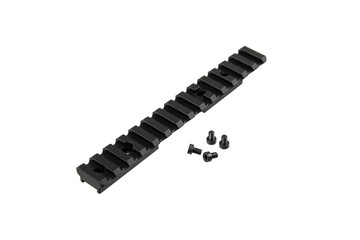 A black Picatinny rail section with multiple slots and mounting holes, isolated on a white...