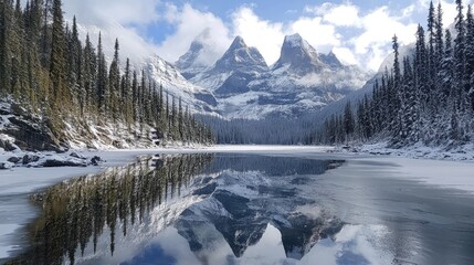 Fototapeta premium Frozen Lake Serenity: Majestic mountain peaks mirrored in a pristine, frozen lake, surrounded by snow-covered evergreen forests. A winter wonderland scene. 