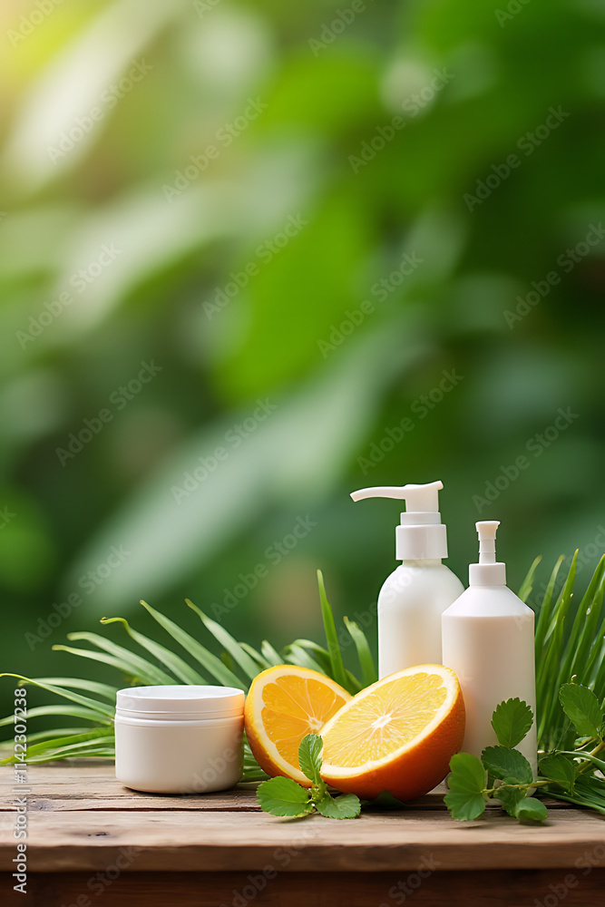 Poster atural setting with a wooden table and fresh greenery creates an inviting backdrop for summer produc