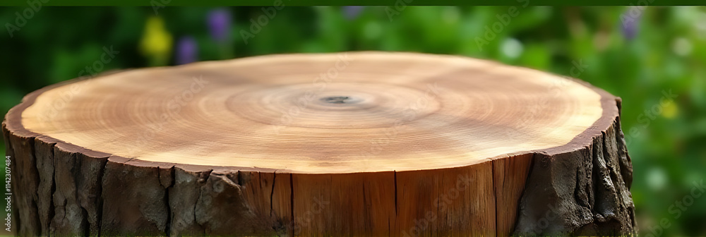 Aufkleber an old tree stump with beautiful texture is used as a unique and rustic table top in a natural garde