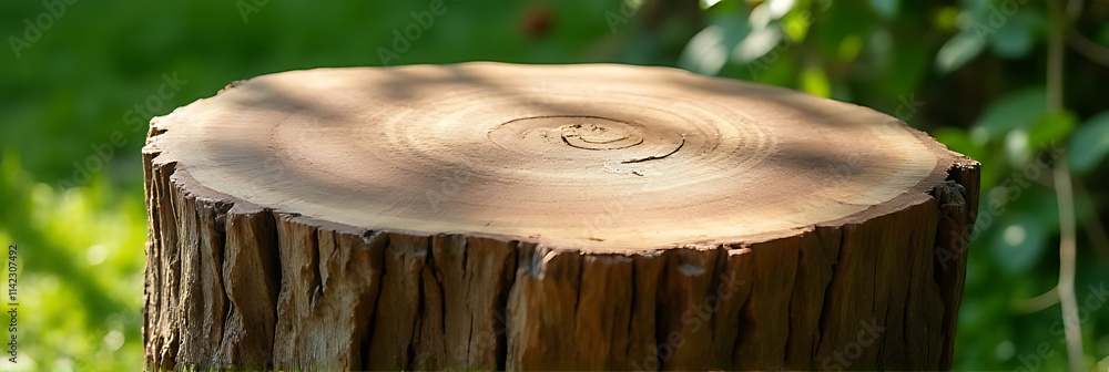 Poster an old tree stump with beautiful texture is used as a unique and rustic table top in a natural garde