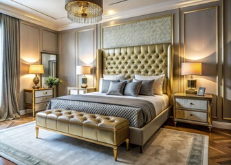 Sleek silver and gold bed, defining modern bedroom luxury in interior photography.