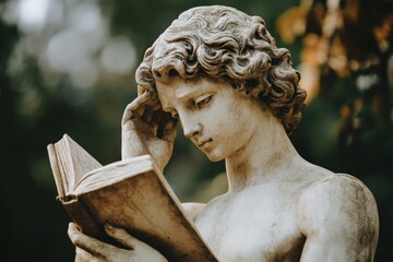 a statue of a person reading a book outdoors