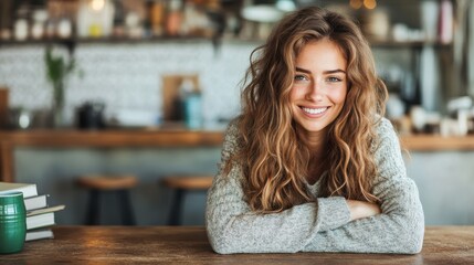 A woman with curly hair relaxes at a café, leaning on a table with books around her, her smile inviting warmth and a sense of leisurely intellectual pursuit.