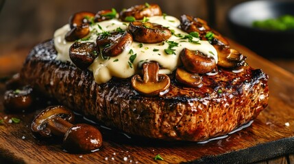 A perfectly cooked steak topped with rich creamy sauce and sautéed mushrooms, garnished with fresh herbs, creating an enticing gourmet meal.
