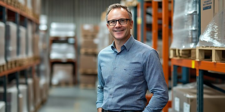 Portrait of male operations director in warehouse, overseeing logistics, smiling, portrait shot