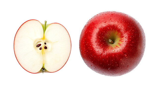 Red apple slice and whole fruit isolated on transparent background