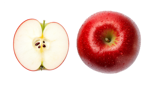 Red apple slice and whole fruit isolated on transparent background