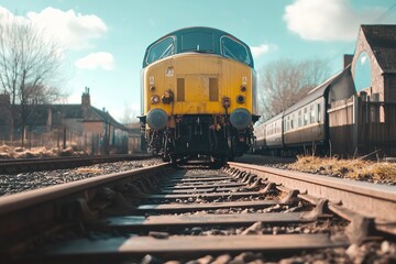 Obraz premium A close-up photograph of the front end of a train and some railroad tracks in an English country town