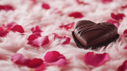 A heart-shaped box of chocolates placed on a fluffy pink blanket with rose petals scattered around. Ai generated (1)