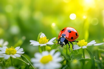 Fototapeta premium Ladybug on daisies in sunny meadow.