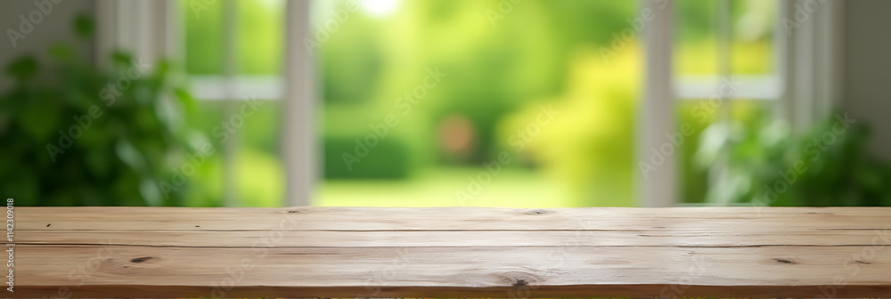 Poster a worn wooden table sits in front of a blurred garden view with vibrant green foliage seen through t