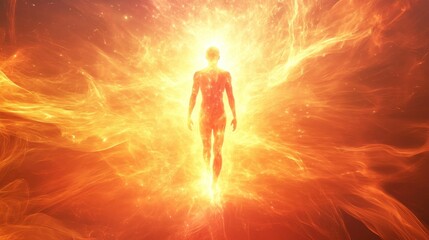 Obraz premium Radiant figure emerges from fiery, luminous energy.