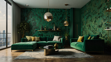 Luxury modern living room interior design with a green pattern wall background.
