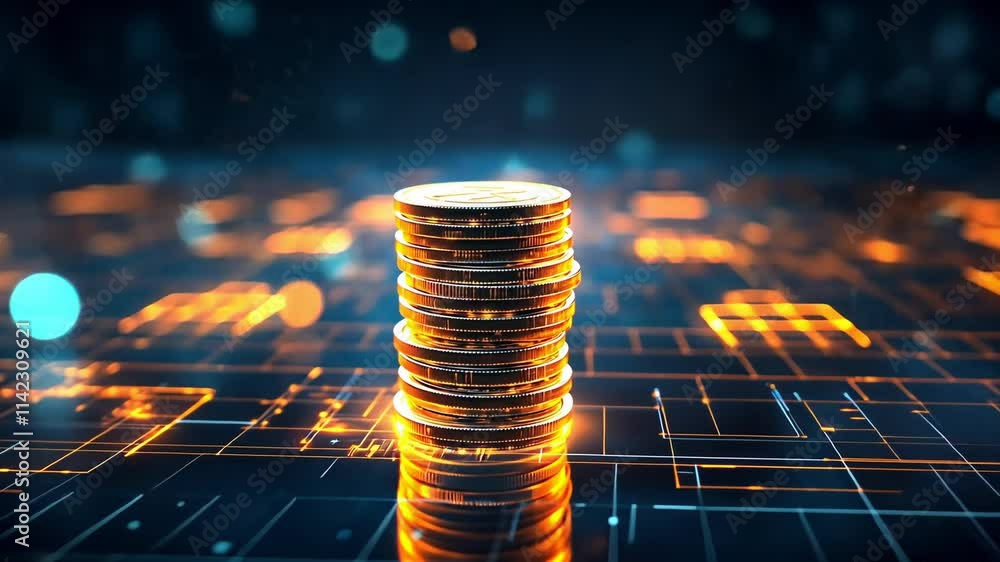 Poster coins are stacked in a vibrant digital space filled with bright particles. the scene highlights a fu