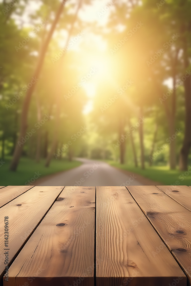 Poster A wooden tabletop with a subtle texture creates an inviting perspective pattern for a visually appealing background image._00002_