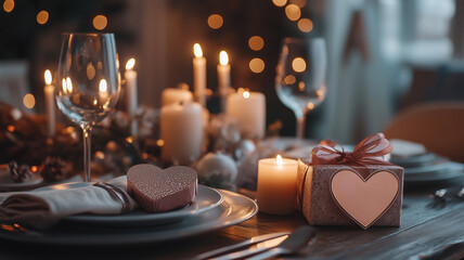 A romantic dinner setting with candles, wine glasses, and a heart-shaped gift box on the table, creating a Valentine’s Day. Ai generated (1)