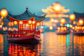 Obraz premium vibrant red and gold dragon boat illuminated on serene waterway