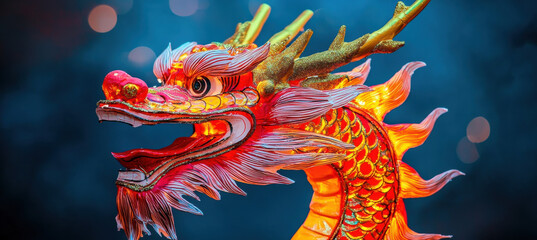 Illuminated dragon head with vibrant red and gold colors