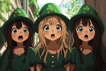 Three girls in St. Patrick's costume, kids illustration in anime style.