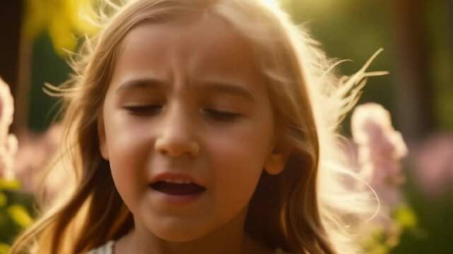 A girl sneezes violently among flowering bushes in a park in sunlight. Children's allergies to blossoms and pollen. Spring exacerbation of allergies to flowers and flowering plants