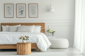 Flowers on wooden stool and pouf in white bedroom interior with posters above bed. Real photo , isolated on white background,  , copy space, copy space for text,