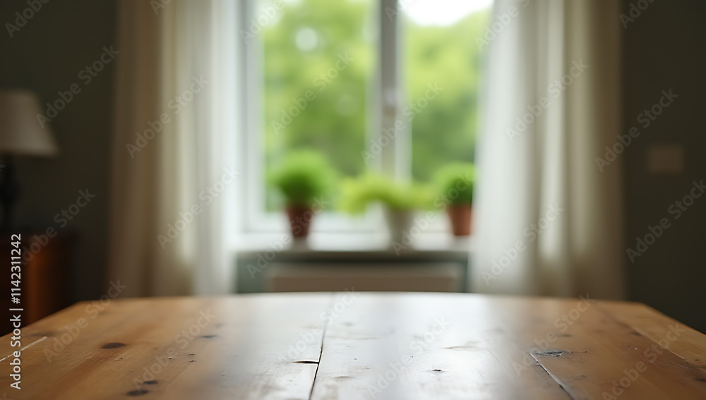 Poster A wood tabletop is visible through a blurred curtain in a room with a window offering a view of a green garden outside._00003_
