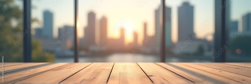 Aufkleber A wood table top with a blurred city view is ideal for creating a product display or design key visual layout._00002_