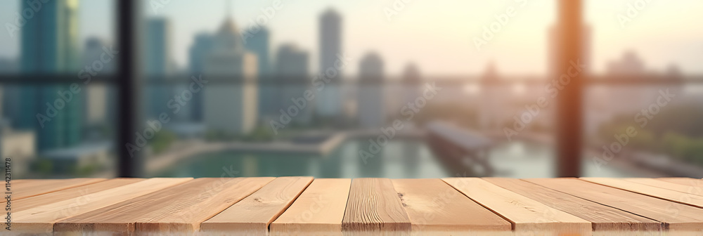 Aufkleber A wood table top with a blurred city view is ideal for creating a product display or design key visual layout._00001_