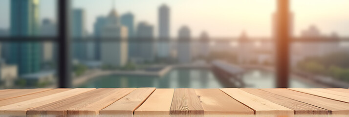 A wood table top with a blurred city view is ideal for creating a product display or design key visual layout._00001_