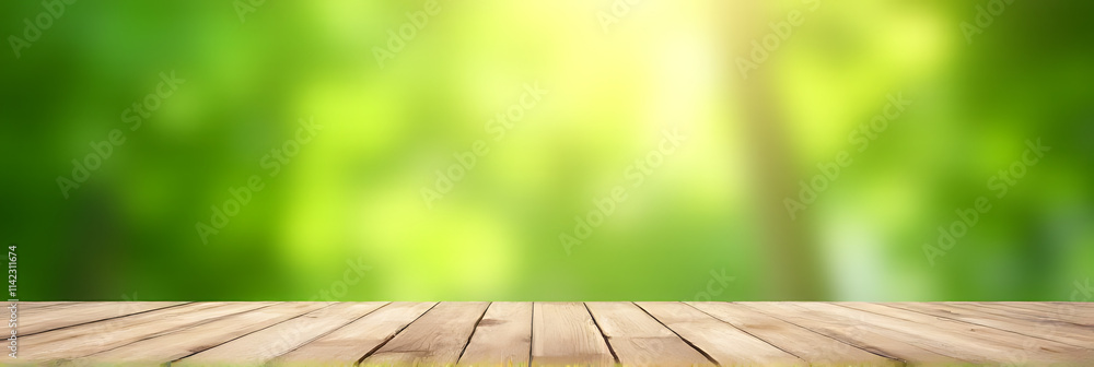 Poster a wood table top serves as a blurred abstract green background for a garden scene suitable for a mon